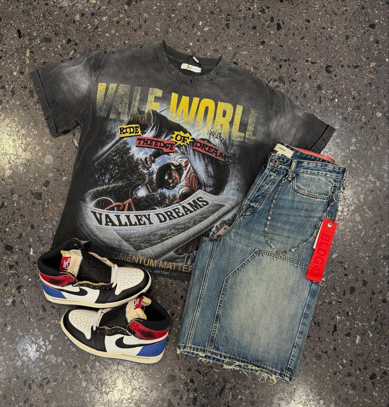 Vale World BMX tee, BLDG4 denim shorts and Jordan 1 Union